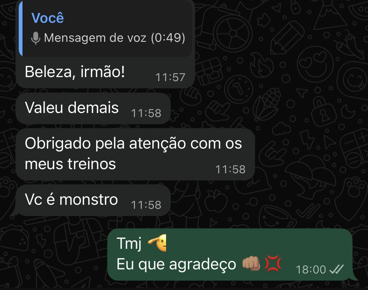 Aluno agradece pela atenção com os treinos